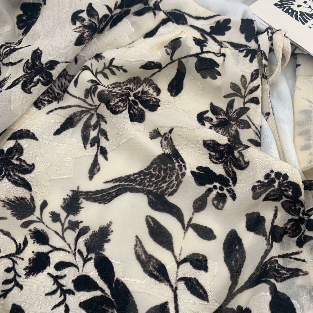 Anne Klein Dress 14 NWT Tiered Midi Maxi Cream Black Floral Bird Print Boho LS - Picture 3 of 16